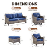 Belord 7-piece patio conversation set with wicker sofa, swivel chairs, and ottomans for outdoor lounging and entertaining.