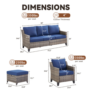 Belord 5-piece outdoor lounge set with high-back wicker couch, two patio chairs, ottomans, and cushioned seating for patio.