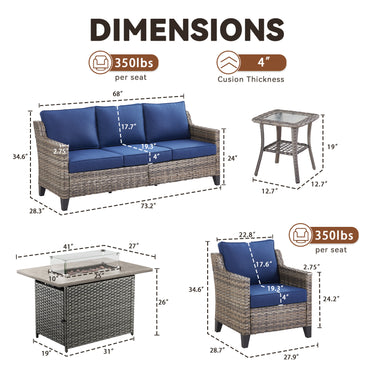 Belord 5-piece outdoor patio furniture set with wicker sofa, two chairs, gray fire pit, and side table for outdoor seating.