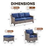 Belord 6-piece outdoor patio conversation set with high-back sectional sofa, wicker swivel rockers, and matching chairs.