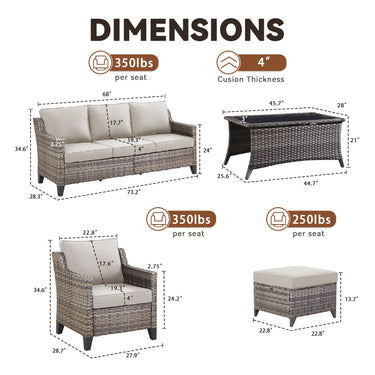 Belord 6-piece outdoor lounge set with hand-woven wicker sofa, patio chairs, coffee table, ottomans, and cushioned seating.