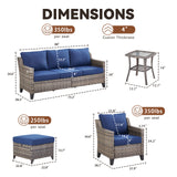 Belord 6-piece wicker patio conversation set with sofa, 2 chairs, 2 ottomans, and side table for outdoor lounging.