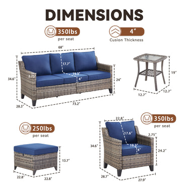 Belord 6-piece wicker patio conversation set with sofa, 2 chairs, 2 ottomans, and side table for outdoor lounging.