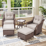 Belord 5-piece outdoor wicker swivel glider chairs and ottomans set from the OVOLO Series, perfect for patio conversation.