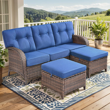 Belord 3-seater T-back patio sofa with 5" thick cushions and two ottomans from the T Series, designed for outdoor conversation spaces.