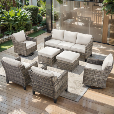 Belord 7-piece patio set with wicker sofa, swivel chairs, and ottomans for outdoor conversation areas.
