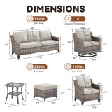 Belord 8-piece modular patio conversation set with sofa, swivel chairs, ottomans, and side table, outdoor furniture for relaxing.