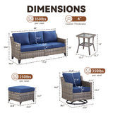 Belord 6-piece patio conversation set with sofa, 2 swivel chairs, 2 ottomans, and glass table for outdoor seating.