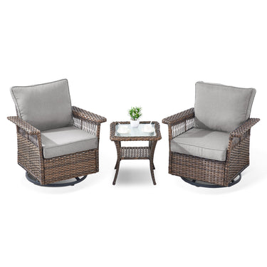 Set of three Belord wicker patio swivel glider chairs with side table, SS Series, showing comfortable woven rattan and metal frames.