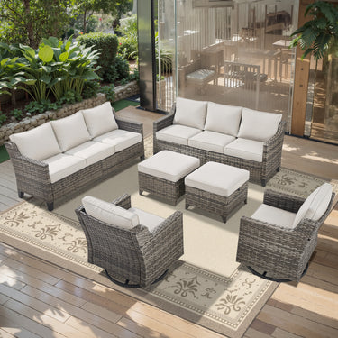 Belord 6-piece outdoor patio conversation set with high-back sectional, wicker swivel rockers, and matching chairs for outdoor relaxation.