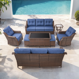 Belord 8-piece wicker swivel glider chairs and dual sofa patio set from the OVOLO Series, ideal for outdoor conversation.