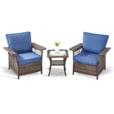 Set of three Belord outdoor wicker patio chairs with a side table, perfect for outdoor seating and relaxation.