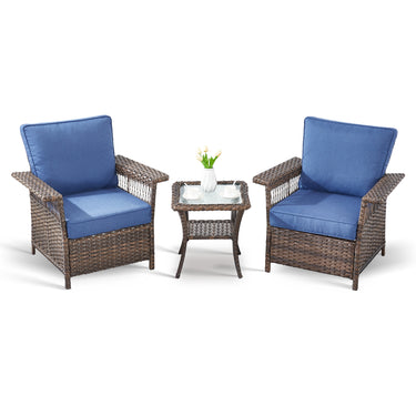Set of three Belord outdoor wicker patio chairs with a side table, perfect for outdoor seating and relaxation.