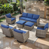 Belord 7-piece patio conversation set with sofa, four swivel chairs, and two ottomans made of PE wicker for outdoor relaxation.
