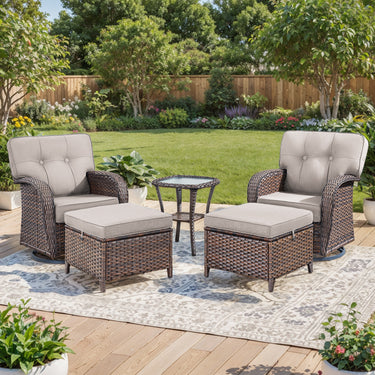 Belord 5-piece outdoor patio conversation set with swivel T-back chairs, table, and ottoman for relaxing outdoor seating.