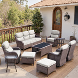 Belord 10-piece patio wicker sofa set with swivel chairs, ideal for outdoor conversation and lounging.