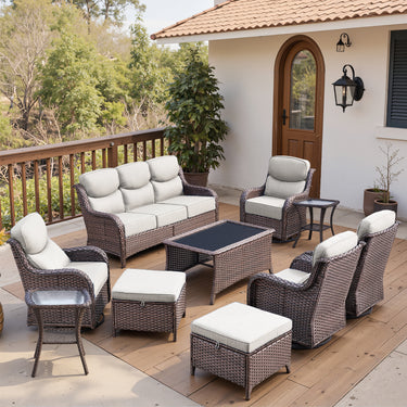 Belord 10-piece patio wicker sofa set with swivel chairs, ideal for outdoor conversation and lounging.