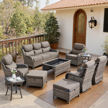 Belord 10-piece patio wicker sofa set with swivel chairs, featuring cushioned seats and a modern outdoor furniture design.