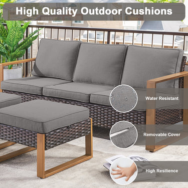 Belord multi-functional outdoor ottoman in patio conversation set, serving as a 2-in-1 footstool and extra seat in a garden setting.