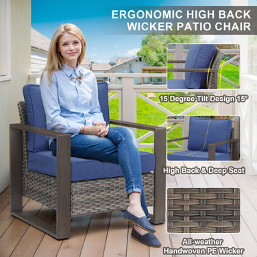Belord ergonomic high-back wicker patio chair with deep seat and 15° tilt, part of the HOP Series for outdoor conversation sets.