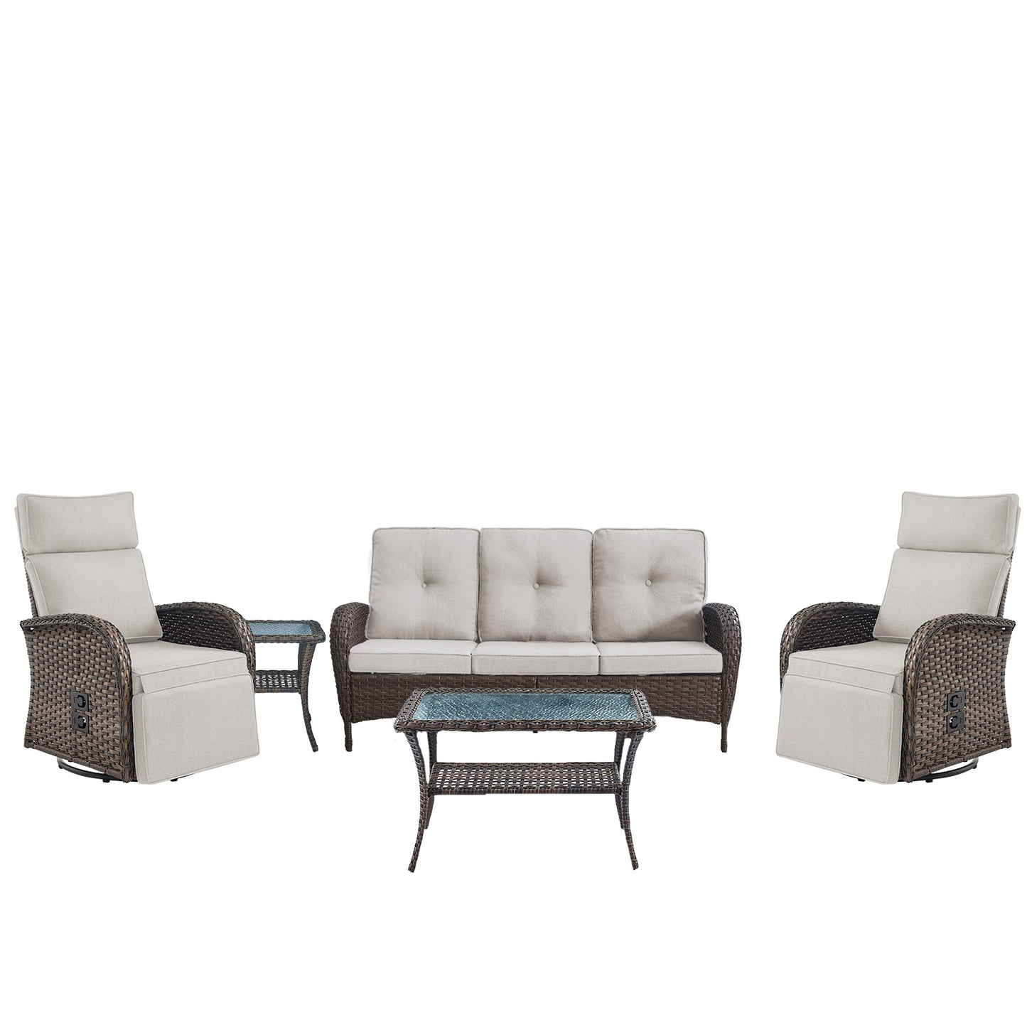5-Piece Premium Patio Set: PE Wicker Swivel Recliner + Removable Sofa & Chaise Lounge - Adjustable Backrest/Footrest with Coffee Table, NDS Series