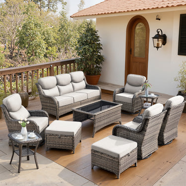 Belord 10-piece patio wicker sofa set with swivel chairs, outdoor conversation furniture for garden or patio relaxation.