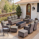 Belord 10-piece patio wicker sofa set with swivel chairs, featuring plush cushions and a modern outdoor furniture design.