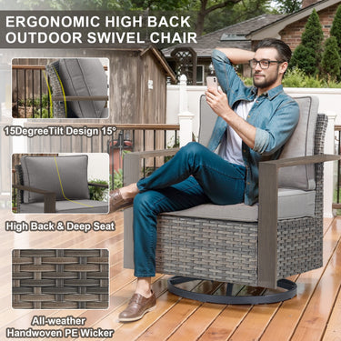 Belord oversize wicker swivel rocker chair with water-resistant cushion, 360° swivel and gliding for patio conversation comfort.