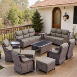 Belord 11-piece patio wicker sofa set with swivel chairs, featuring cushioned seating and a central glass-top table for outdoor relaxation.