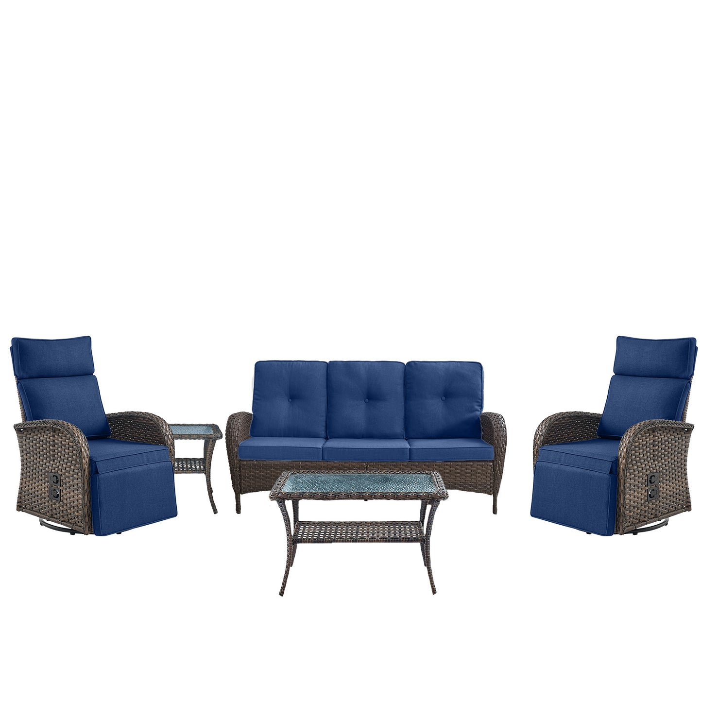 5-Piece Premium Patio Set: PE Wicker Swivel Recliner + Removable Sofa & Chaise Lounge - Adjustable Backrest/Footrest with Coffee Table, NDS Series