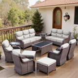Belord 11-piece patio wicker sofa set with swivel chairs, featuring cushioned seats and a coffee table for outdoor conversation.