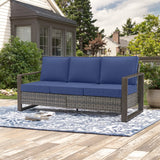 Belord deep-seat wicker sofa with wood grain frame, spacious 3-person patio conversation set from the HOP Series.