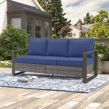 Belord deep-seat wicker sofa with wood grain frame, spacious 3-person patio conversation set from the HOP Series.