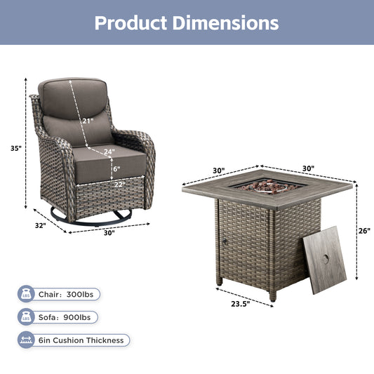 5PCS Garden Fire Pit Seating Set for Outdoor Gatherings, Hand-Woven Rattan Swivel Chairs with Square Fire Table, NT Series