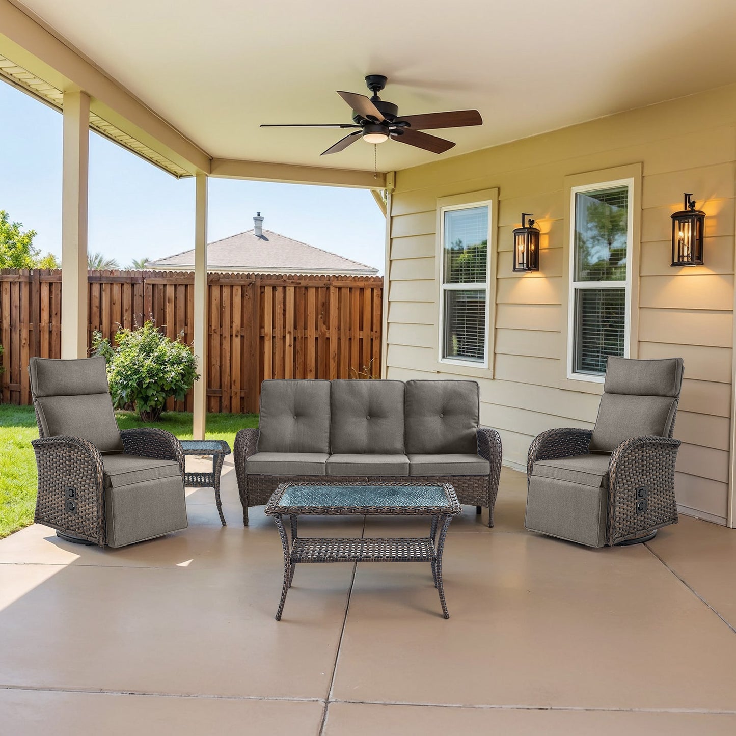 5-Piece Premium Patio Set: PE Wicker Swivel Recliner + Removable Sofa & Chaise Lounge - Adjustable Backrest/Footrest with Coffee Table, NDS Series