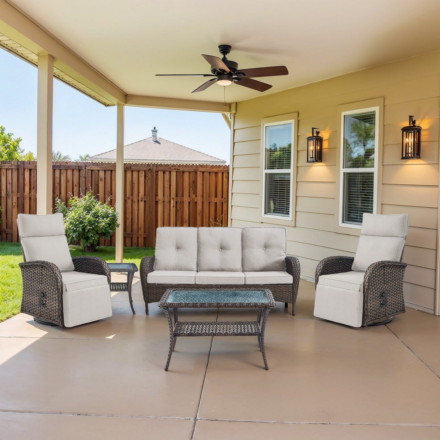 5-Piece Premium Patio Set: PE Wicker Swivel Recliner + Removable Sofa & Chaise Lounge - Adjustable Backrest/Footrest with Coffee Table, NDS Series