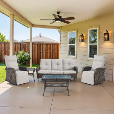 5-Piece Premium Patio Set: PE Wicker Swivel Recliner + Removable Sofa & Chaise Lounge - Adjustable Backrest/Footrest with Coffee Table, NDS Series - Belord