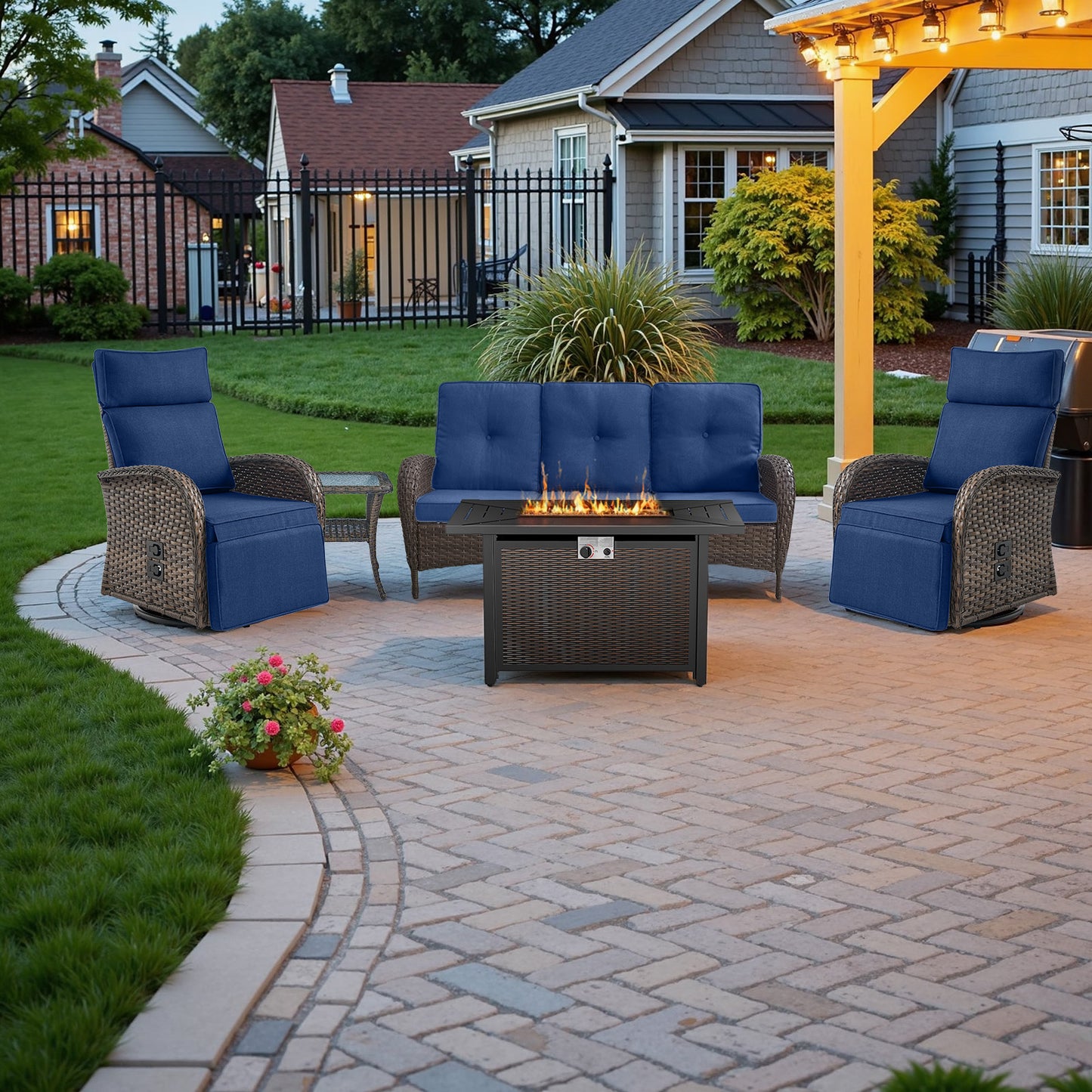 NDS Series 5-Piece Premium Outdoor Set: 2 Swivel Recliners + 1 Sofa & 43" Propane Fire Table with Side Table