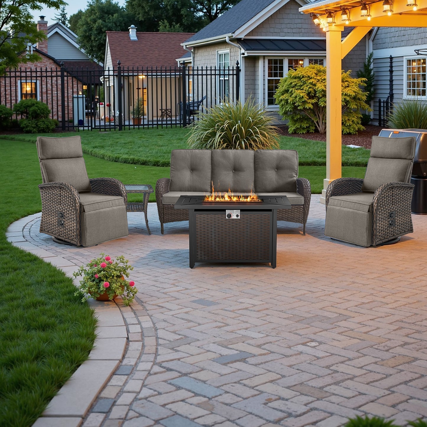 NDS Series 5-Piece Premium Outdoor Set: 2 Swivel Recliners + 1 Sofa & 43" Propane Fire Table with Side Table