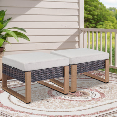 Belord multi-functional outdoor patio ottoman serving as a footstool and extra seat in a patio conversation set.