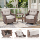 Belord 3-piece outdoor wicker patio set with swivel glider chairs and side table from the OVOLO Series, ideal for outdoor conversation.