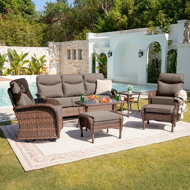 Belord 7-piece outdoor patio conversation set with high-back sofa, swivel rockers, and ottomans for stylish summer evenings.