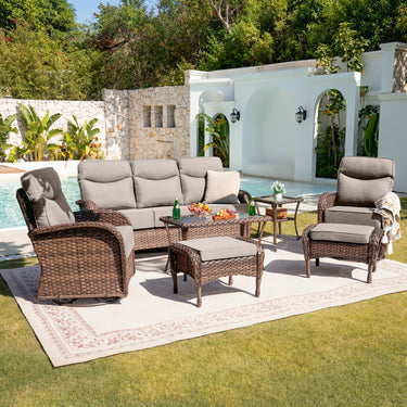Belord 7-piece outdoor patio conversation set with high-back sofa, swivel rockers, and ottomans for stylish summer outdoor seating.