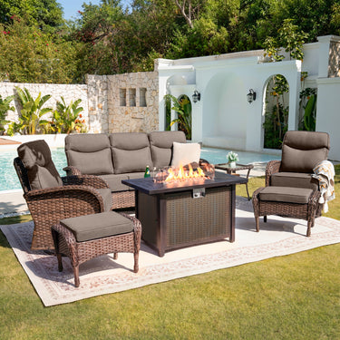 Belord luxury 7-piece patio lounge set with metal fire pit table and ottomans, deep cushion seating for outdoor deck evenings
