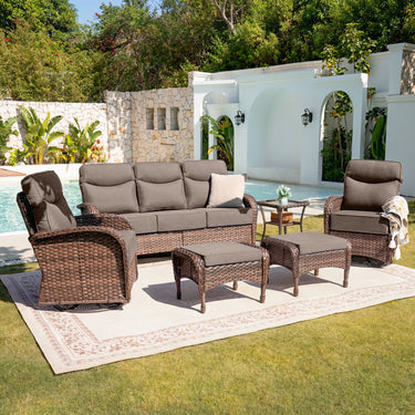 Belord Premium 6-piece patio lounge set with sofa, swivel rockers, ottomans, and deep cushions for outdoor relaxation.