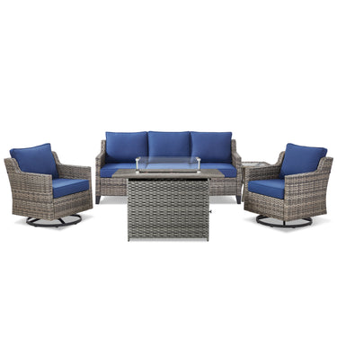 Belord 5-piece outdoor patio furniture set with wicker sofa, two swivel chairs, gray fire pit, and side table for outdoor lounging.