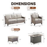 Belord 6-piece fire pit patio set with rattan sofa chairs and ottomans, featuring a fire table for outdoor hearth and seating.