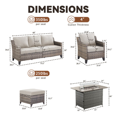 Belord 6-piece fire pit patio set with rattan sofa chairs and ottomans, featuring a fire table for outdoor hearth and seating.
