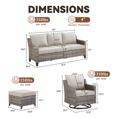 Belord 7-piece patio conversation set with sofa, four swivel chairs, and two ottomans in PE wicker for outdoor lounging.