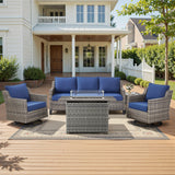 Belord 5-piece outdoor patio furniture set with wicker sofa, two swivel chairs, gray fire pit, and side table.